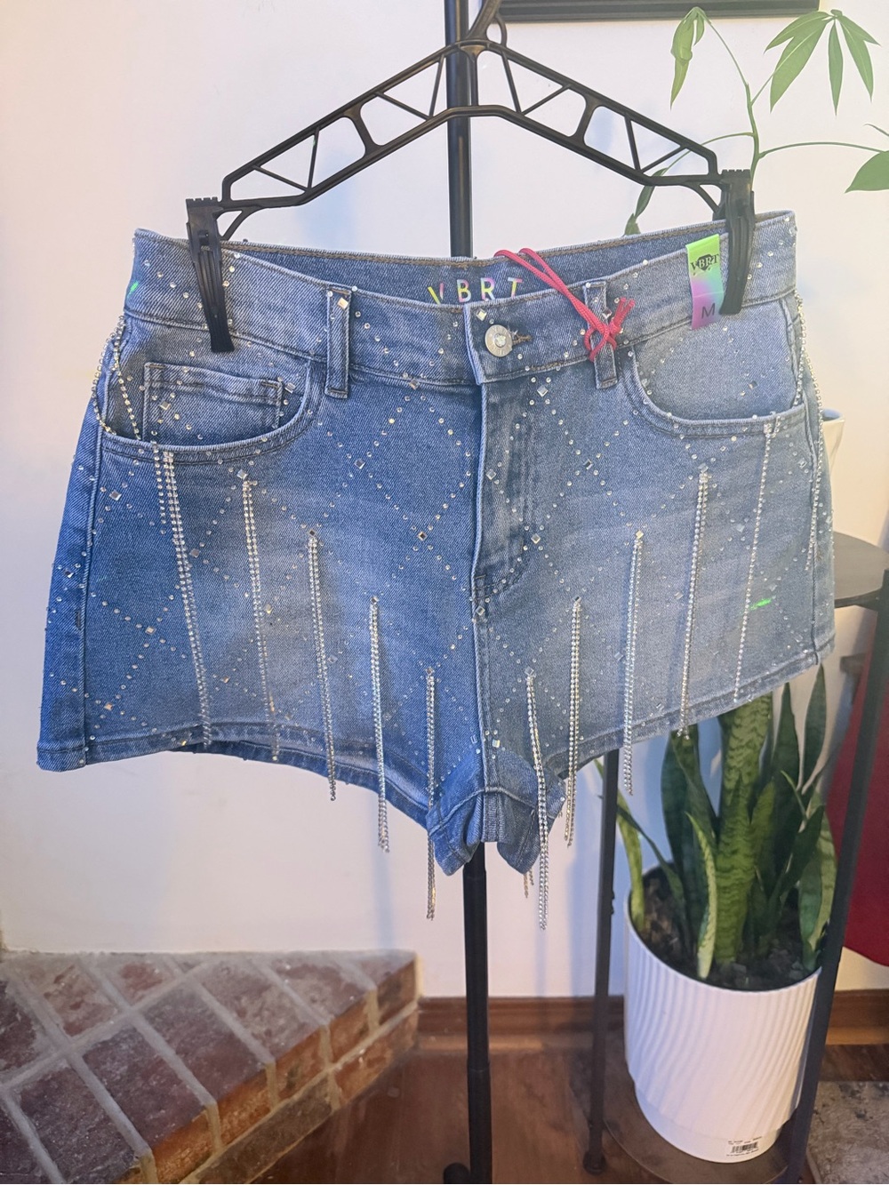 Embellished Blue Denim Jean Shorts with Rhinestone Fringe